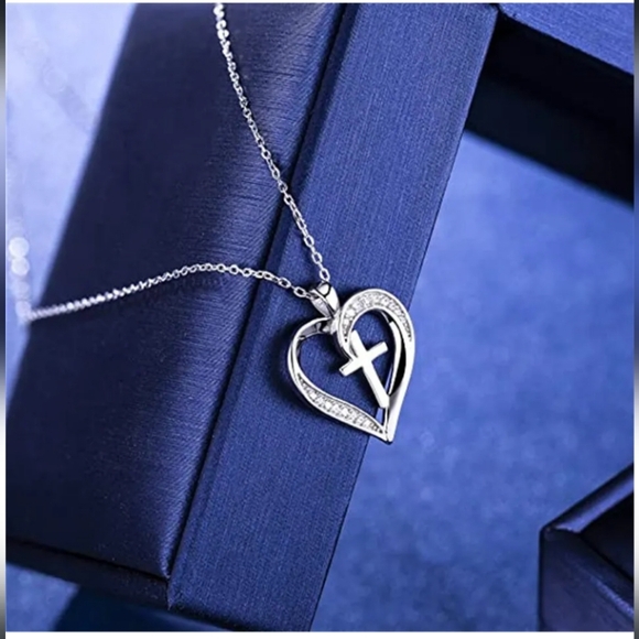 Sterling Silver Cubic Zirconia Heart Cross Pendent Necklace - Picture 2 of 4